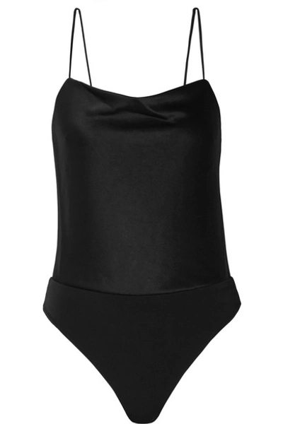 Shop Alice And Olivia Harmon Draped Satin And Stretch-crepe Thong Bodysuit In Black