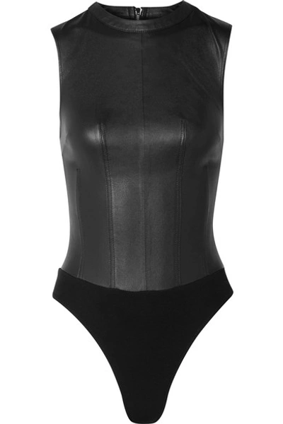 Shop Rta Claire Leather And Stretch-jersey Bodysuit In Black