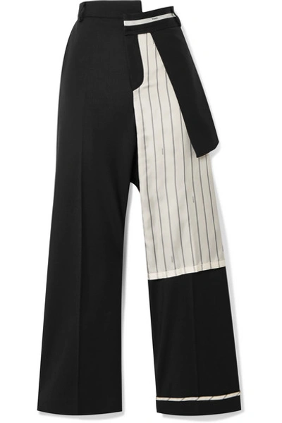Shop Monse Satin-trimmed Wool-blend Twill Straight-leg Pants In Black