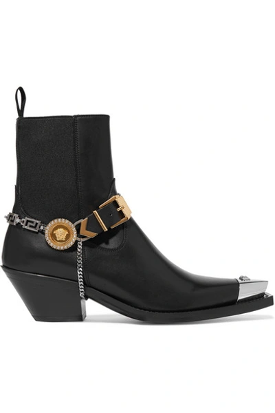 Shop Versace Embellished Leather Ankle Boots In Black