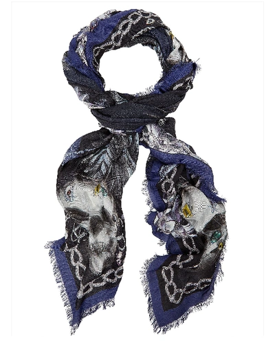 Shop Alexander Mcqueen Square Raven & Skull Printed Scarf In Blue-med