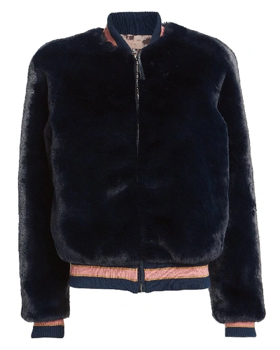 Shop Mother The Letterman Faux Fur Jacket In Navy