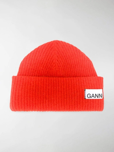 Shop Ganni Logo Ribbed Beanie In Orange