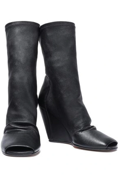 Shop Rick Owens Woman Gathered Stretch-leather Wedge Sock Boots Black