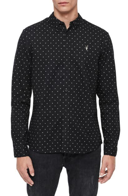 Allsaints Bethel Slim Fit Dot Flannel Shirt In Black/ Ecru White | ModeSens