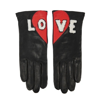 Shop Agnelle Love Appliquéd Leather Gloves In Black