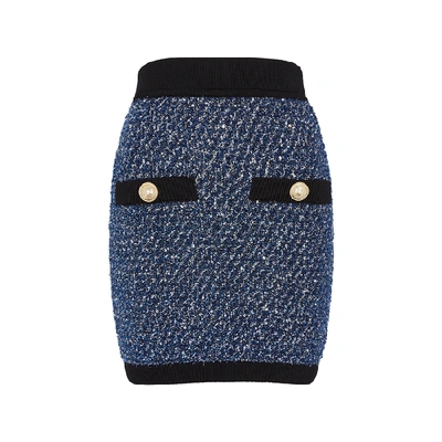 Shop Balmain Navy Metallic-weave Mini Skirt In Blue