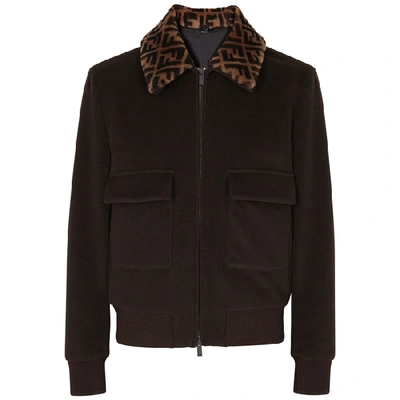 Shop Fendi Brown Fur-trimmed Wool Jacket