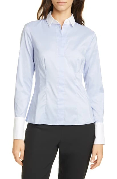 Shop Hugo Boss Bashnira Slim Fit Colorblock Cotton Blend Blouse In French Blue