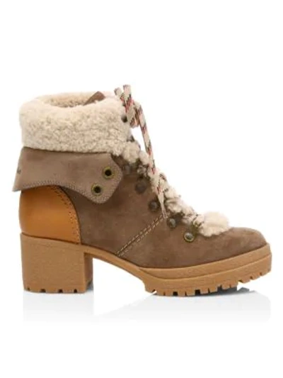 Shop See By Chloé Eileen Lamb Fur-lined Suede Hiking Boots In Taupe