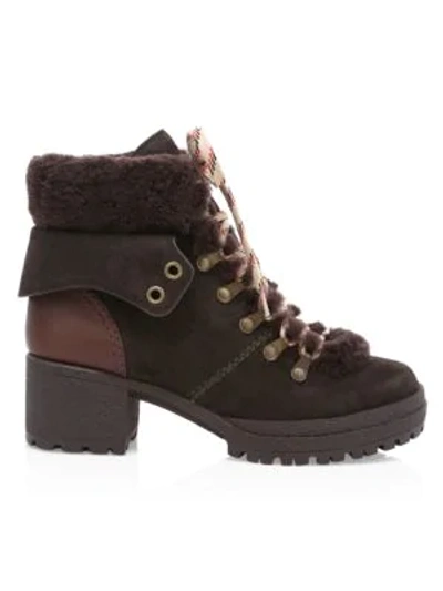 Shop See By Chloé Eileen Shearling-trimmed Leather Hiking Boots In Graphite