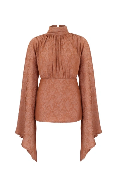 Shop Amal Al Mulla Orange Silk Printed Top With Exaggerated Bell Sleeves In Brown