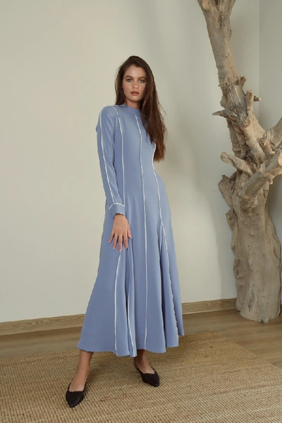 Shop Amal Al Mulla Blue Crepe Midi Dress With Overlock Stripes
