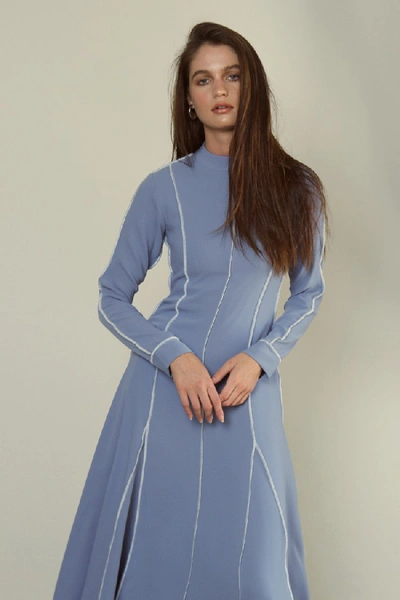 Shop Amal Al Mulla Blue Crepe Midi Dress With Overlock Stripes