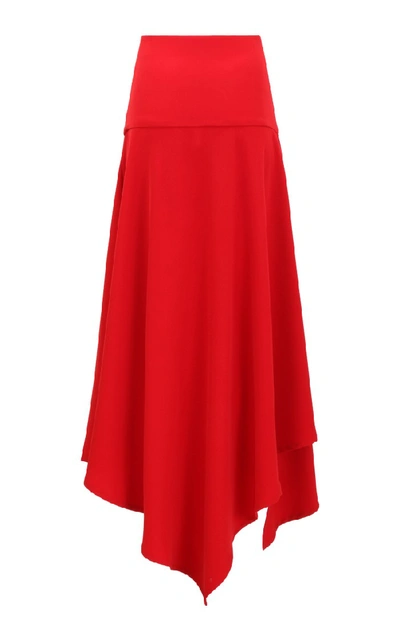 Shop Amal Al Mulla Ruby Red Crepe Skirt With A Flared Layered Asymmetrical Hemline