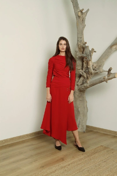 Shop Amal Al Mulla Ruby Red Crepe Skirt With A Flared Layered Asymmetrical Hemline