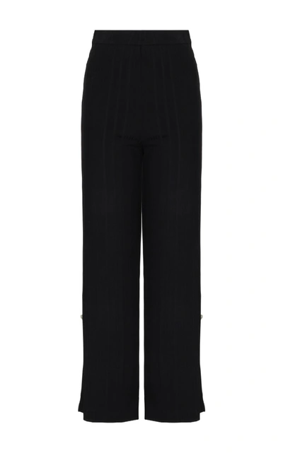 Shop Amal Al Mulla Black Stretch Ribbed Jersey Straight Cut Pants With Side Slits And Raw Prehnite Green Stone Details