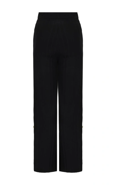 Shop Amal Al Mulla Black Stretch Ribbed Jersey Straight Cut Pants With Side Slits And Raw Prehnite Green Stone Details