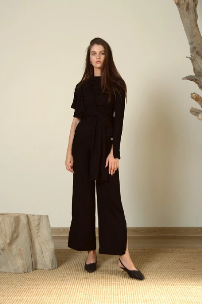 Shop Amal Al Mulla Black Stretch Ribbed Jersey Straight Cut Pants With Side Slits And Raw Prehnite Green Stone Details