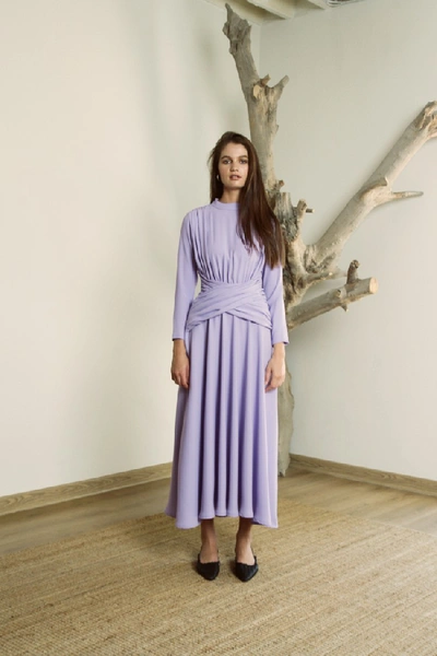 Shop Amal Al Mulla Lavender Midi Dress With An Accentuated Waist And Gathered Details In Blue