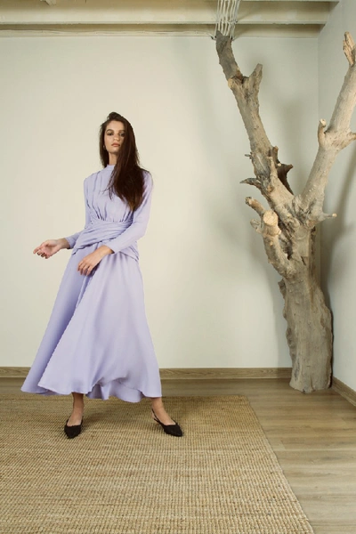 Shop Amal Al Mulla Lavender Midi Dress With An Accentuated Waist And Gathered Details In Blue