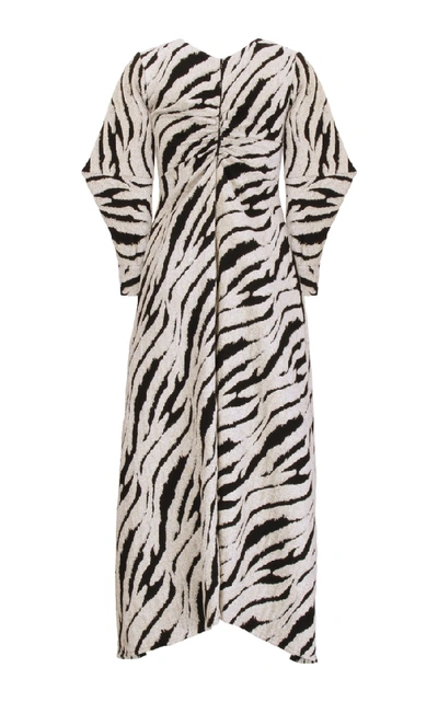 Shop Amal Al Mulla Textured Streak Jacquard Midi Dress With Raw Agate Details In White