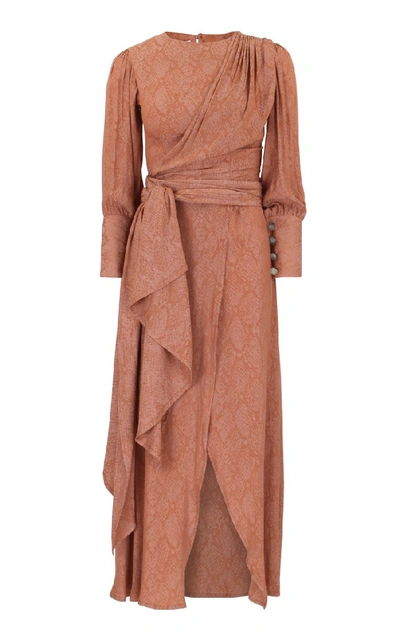 Shop Amal Al Mulla Printed Silk Orange Dress With Prehnite Stone Details In Brown