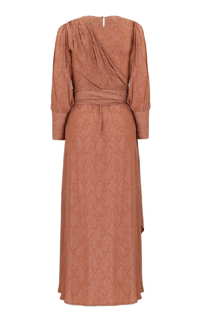 Shop Amal Al Mulla Printed Silk Orange Dress With Prehnite Stone Details In Brown