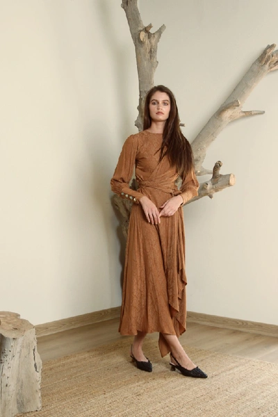 Shop Amal Al Mulla Printed Silk Orange Dress With Prehnite Stone Details In Brown