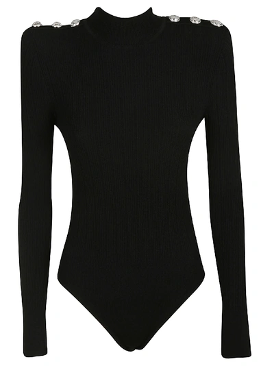 Shop Balmain Embellished Shoulder Long-sleeved Top In Black