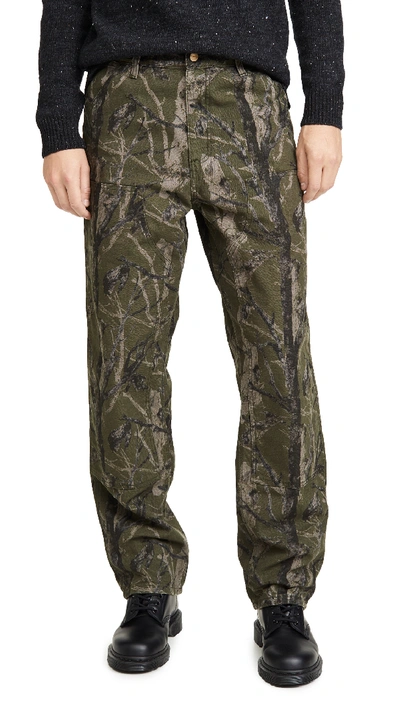 Double Knee Canvas Work Pants In Green Camo Tree Rinsed