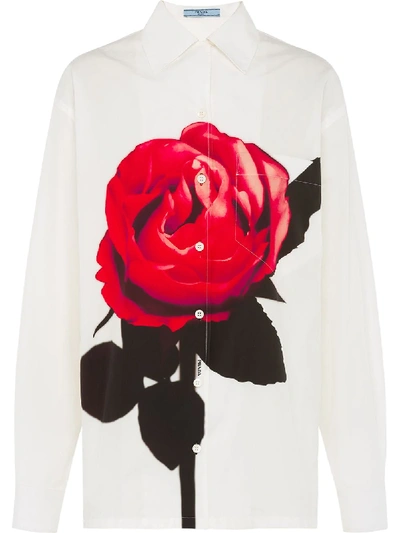 Shop Prada Rose Print Shirt In F0o3n White/lacquer Red