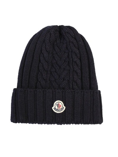 Shop Moncler Branded Beanie In Blue