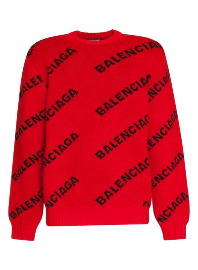 Shop Balenciaga Wool Blend Pullover With Jacquard Logo In Rosso