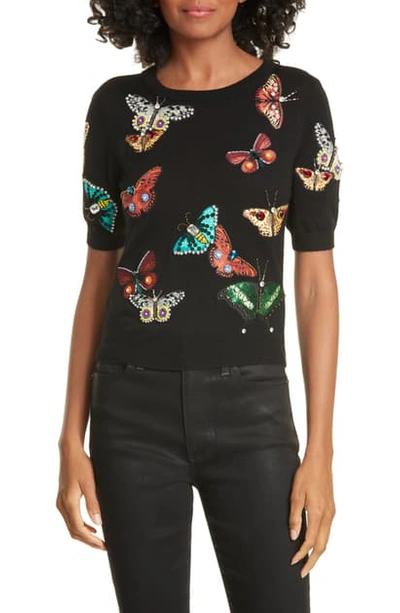 Shop Alice And Olivia Ciara Butterfly Crop Sweater In Black/ Multi