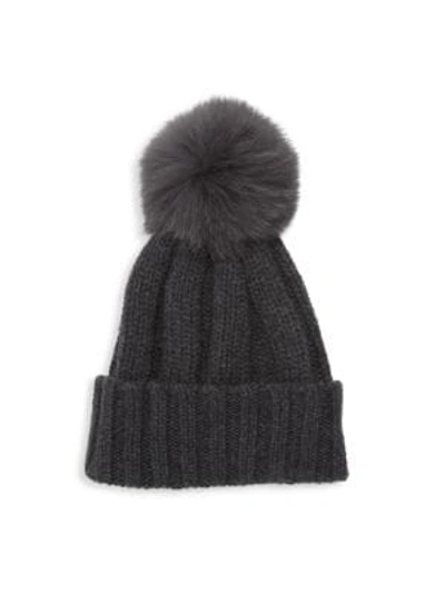 Shop Raffaello Bettini Fox Fur Pom-pom Ribbed Cashmere Beanie In Charcoal