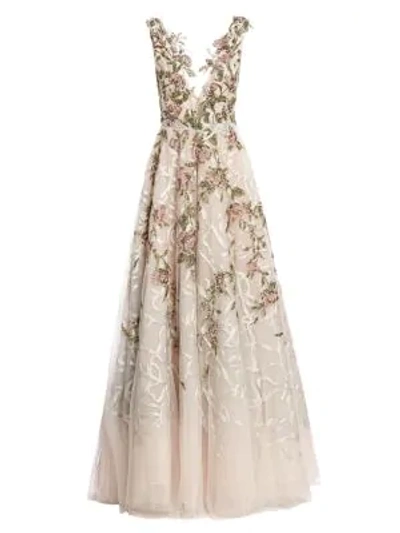 Shop Marchesa Beaded Tulle Plunging V-neck Gown In Blush