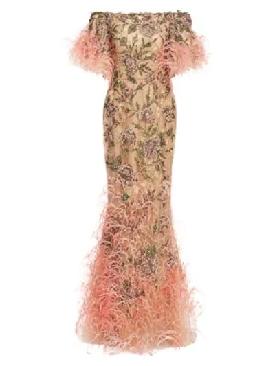Shop Marchesa Embellished Off-the-shoulder Gown In Coral