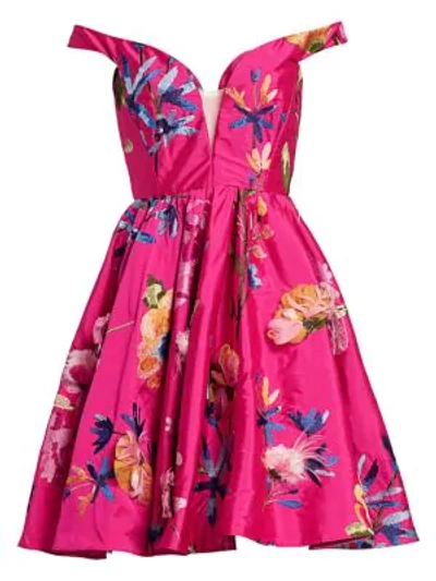 Shop Marchesa Off-the-shoulder Embroidered Taffeta Cocktail Dress In Fuchsia