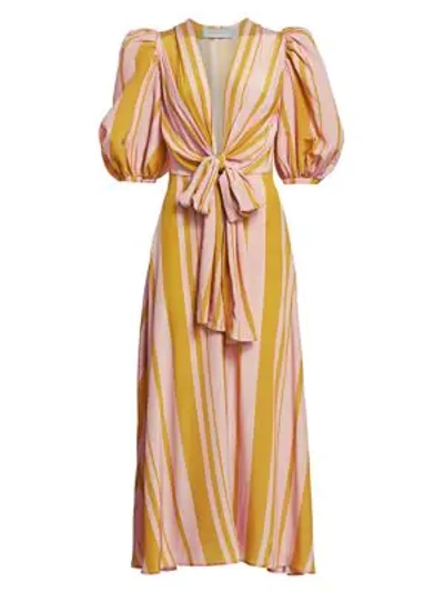 Shop Silvia Tcherassi Fidelia Puff-sleeve Silk Midi Dress In Blush Moss Stripes