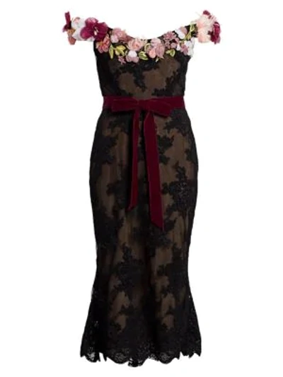 Shop Marchesa Off-the-shoulder Floral Appliqué Lace Cocktail Dress In Black