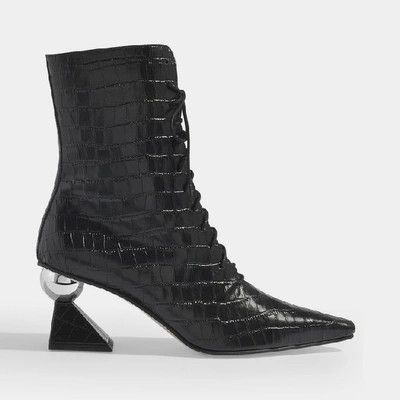 Shop Yuul Yie Gloria Glam Heel Boots In Black Croc Embossed Leather
