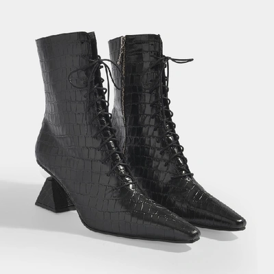 Shop Yuul Yie Gloria Glam Heel Boots In Black Croc Embossed Leather