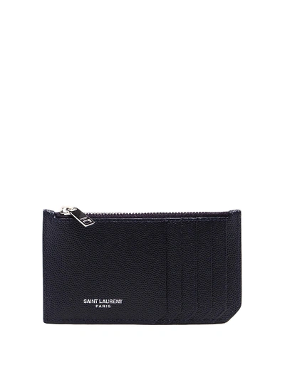 Shop Saint Laurent Grained Leather Card Holder In Dark Blue