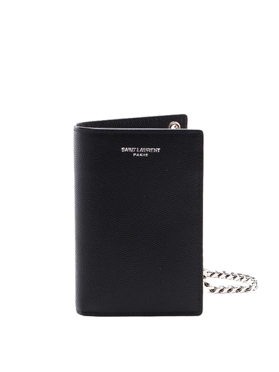 Shop Saint Laurent Grained Leather Chain Wallet In Black