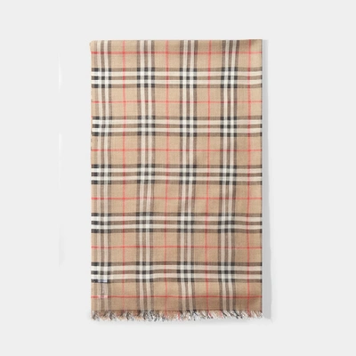 Shop Burberry Check To Stripe Gauze Scarf In Archive Beige Wool And Mulberry Silk
