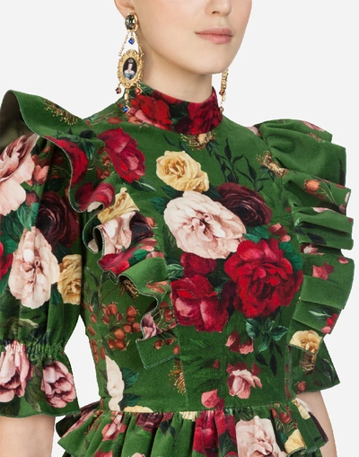 Shop Dolce & Gabbana Ruffled Baroque Rose-print Velvet Dress In Multi-colored