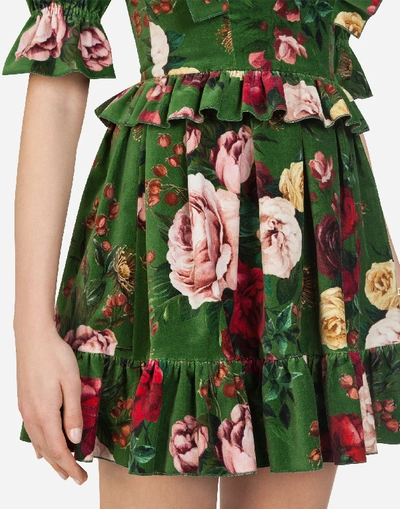 Shop Dolce & Gabbana Ruffled Baroque Rose-print Velvet Dress In Multi-colored