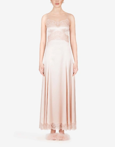 Shop Dolce & Gabbana Long Silk Dress With Lace Edgings In Pink