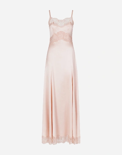 Shop Dolce & Gabbana Long Silk Dress With Lace Edgings In Pink